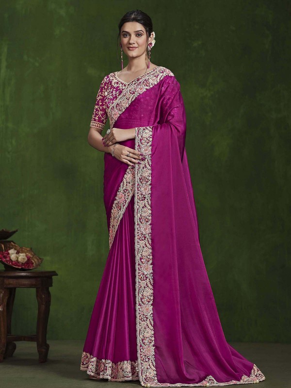 Dark Pink Habutai Silk Saree With Stitched Blouse